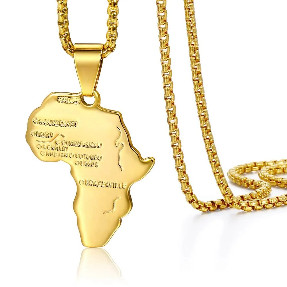 

Mens Womens Gold Color Pendant Africa Map Shape Pendant Necklace Box Link Fashion Wholesale Pendant US Stock 18-24inch DGP56