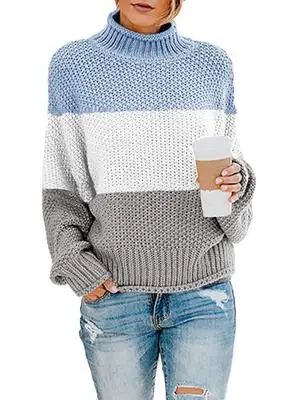 sky blue striped Осень Зима водолазка свитер Женский Повседневный длинный рукав большие размеры Трикотаж пуловеры женские более размеры женские свитера - Цвет: sky blue striped