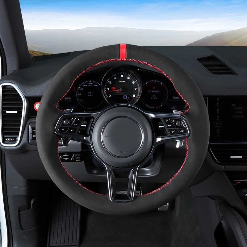 

For Porsche Cayenne Macan 718 panamera 911 DIY hand-stitched leather suede car steering wheel cover