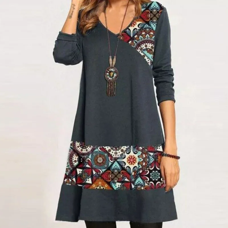 

2021 Spring Vintage Patchwork Print Dress Women New Elegant V-Neck Party Dresses Casual Fashion Long Sleeve A-Line Dress Vestido