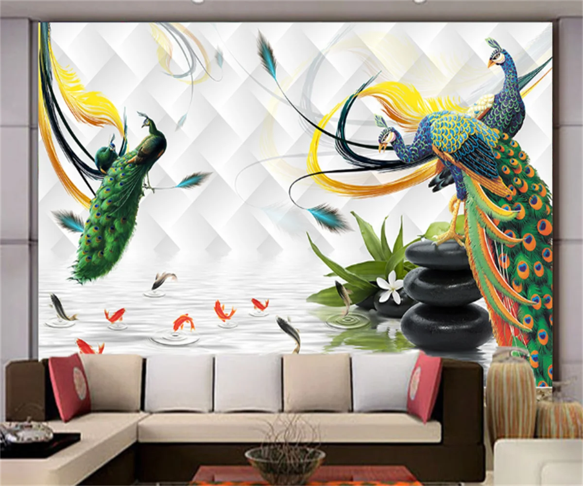 

Customize any size hotel tooling mural wallpaper peacock pebble nine fish picture living room TV background wall decoration