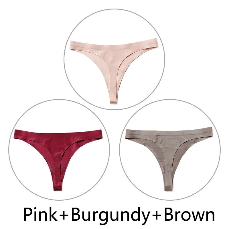 Pink-Burgundy-Brown 3 шт./партия, Сексуальные Бесшовные прозрачные трусики, женские трусики с низкой талией, трусики-стринги, нижнее белье, женские трусы-танга, стринги большого размера - Цвет: Pink-Burgundy-Brown