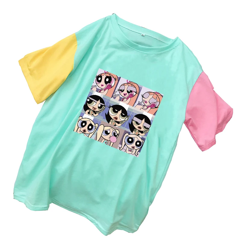 

Summer Tshirt Women Short Sleeve Contrast Color Patchwork Cotton T-Shirt Femme Harajuku Kawaii Funny Cartoon Girls Print Clothes
