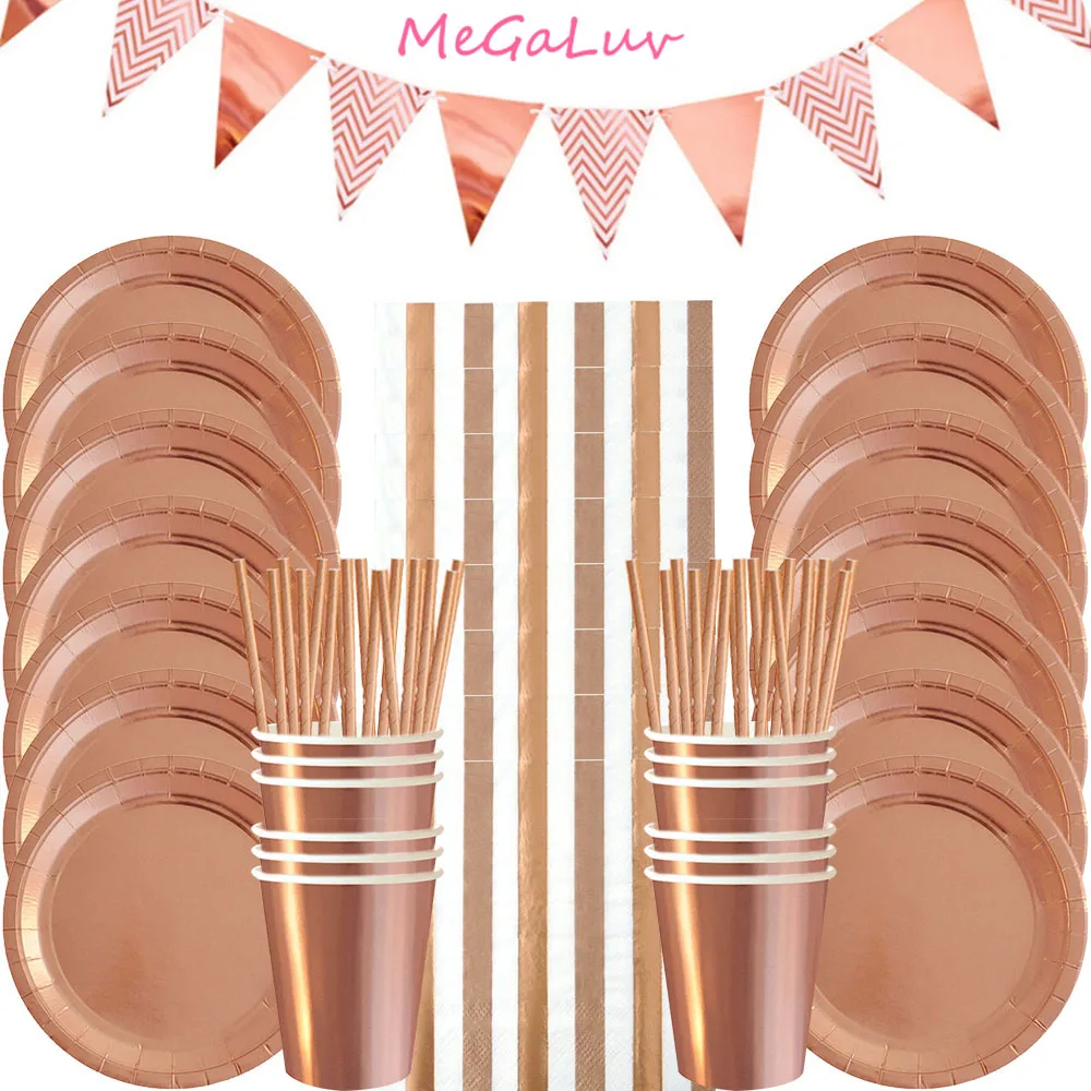 

Rose Gold Party Disposable Tableware Set Paper Plate Cup New Year Birthday Wedding Bachelorette Party Decoration Baby Shower