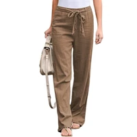 elastic waist solid color women trousers thin straight wide leg belt long pants women clothing