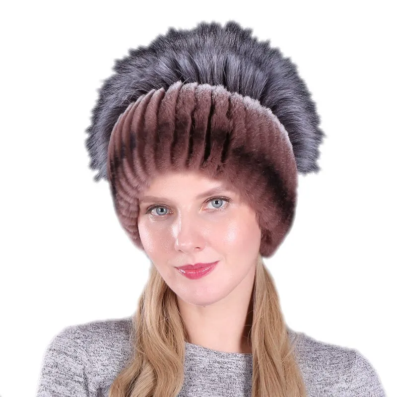 

Handmade Women's Fashion Knitted Rex Rabbit Beanies Hats Faux Fox Fur Pom Winter Women Caps Lady Headgear LF21005QX