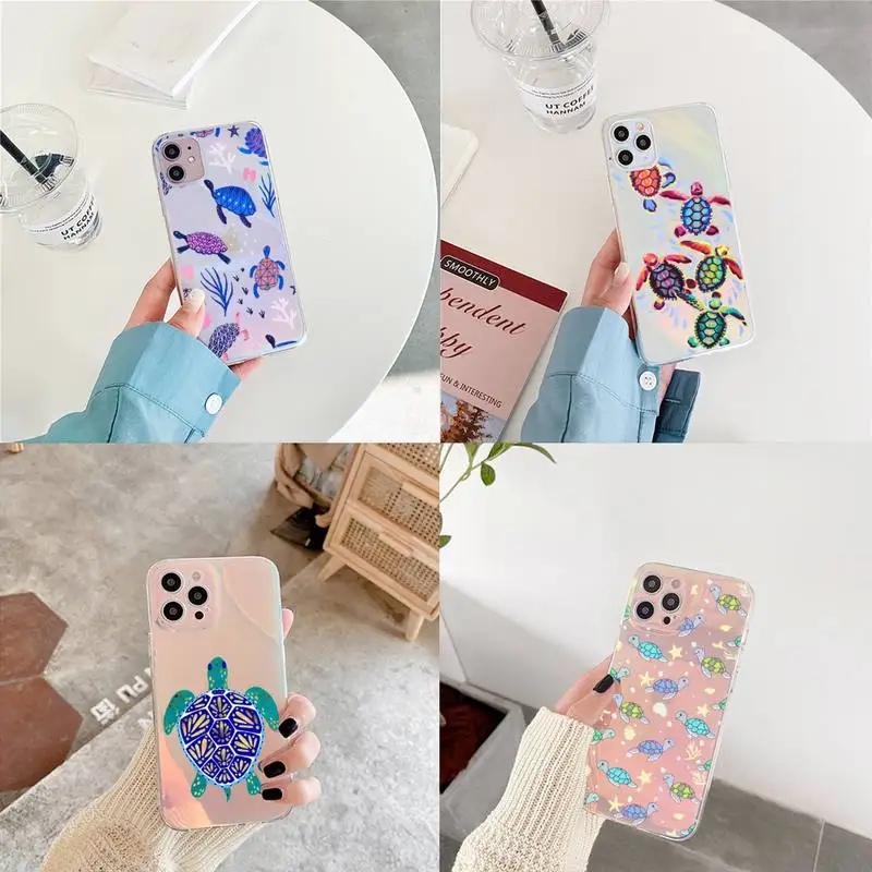 

Cute Cartoon Turtle Phone Case for iPhone xiaomi redmi 7 8 9 11 12 10 S X XS XR MINI Pro Max Plus laser Transparent