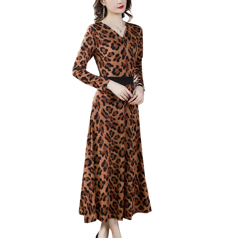 

New spring autumn dress for women long dress lady Knitted leopard print long-sleeved dress elegant fashion V-neck over the knee