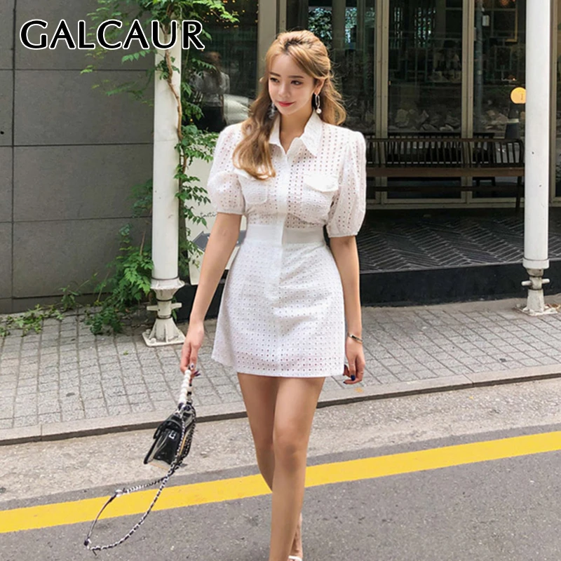 GALCAUR открытое белое платье для женщин воротник с лацканами короткий рукав
