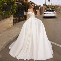 simple satin wedding dress 2022 boho vestidos de noiva off shoulder with pockets a line wedding gowns bride gown party dress
