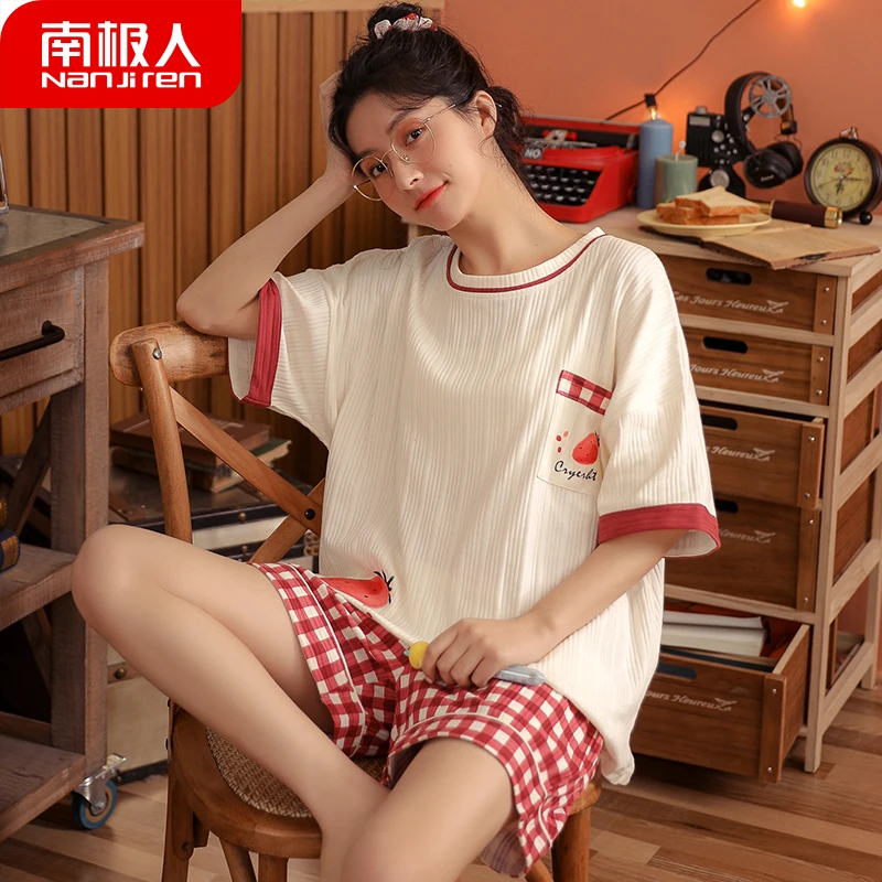 

Nanjiren Summer Pajamas Women's Short-Sleeved Shorts Pure Cotton Student Girl New Cute Korean Style Home Wear