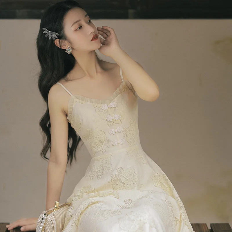 

Korejepo Women 2 Piece Set 2021 Summer New Chinese Style Retro Fairy Buckle Cheongsam Female Sexy Sling Dress Shawl Shirt Tops