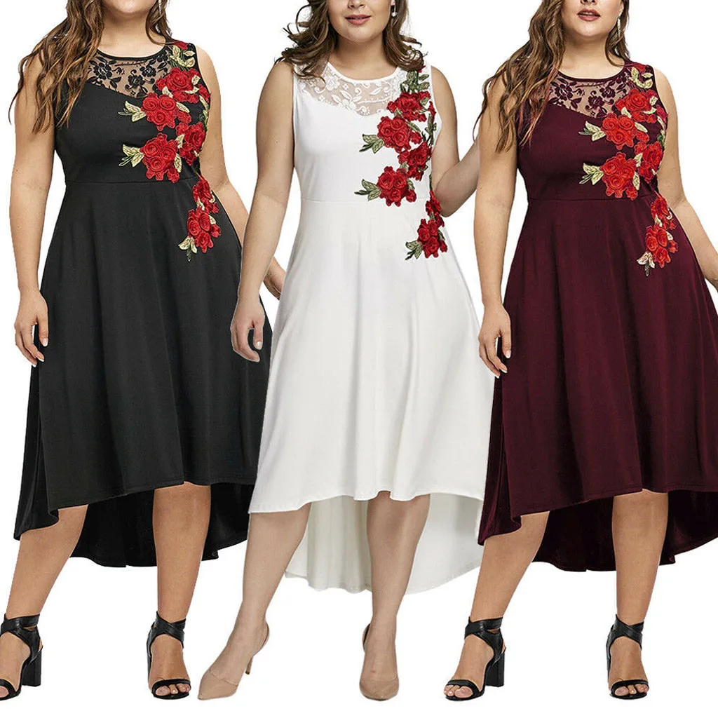 

Plus Size Women Dress Summer 2021 Elegant O-neck Long Appliques Zipper Perspective Sleeveless Large Sizes Mesh Dress Party