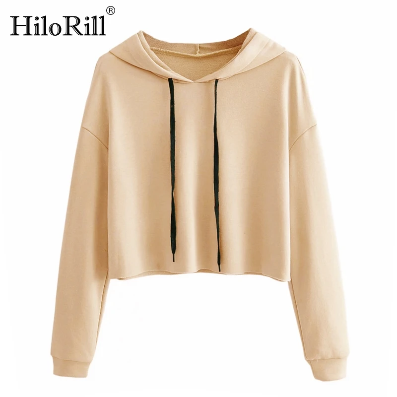 

HiloRill Women Solid Color Cropped Hoodies Sweatshirts 2020 Fashion Casual Hooded Sweatshirt Ladies Long Sleeve Pullover Tops