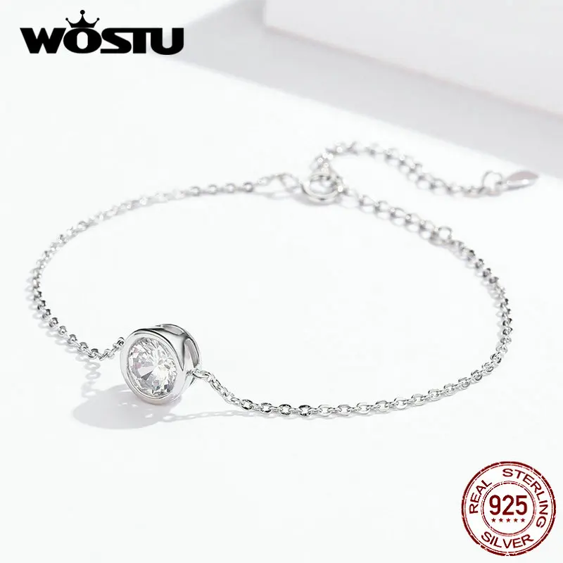 WOSTU Настоящее 925 пробы серебряные оригинальные браслеты Круглый Циркон звено цепи для женщин свадебный браслет уникальные ювелирные изделия CQB157