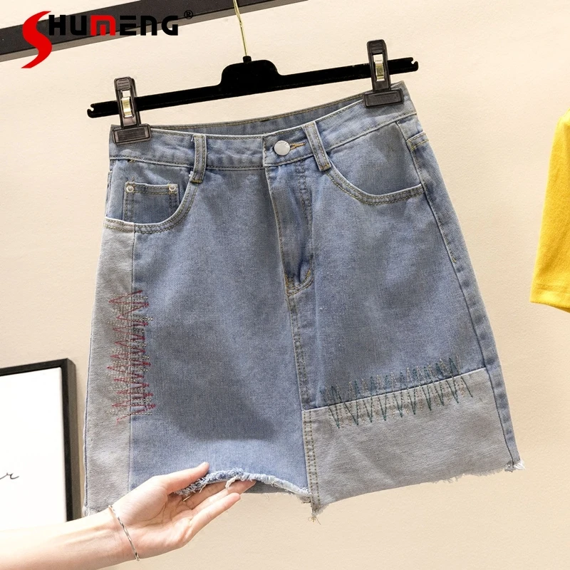 

Causal Sexy High Waist Embroidered Short Denim Skirt for Women 2021 Summer Asymmetric Female Mini Irregular A- Line Sheath Skirt