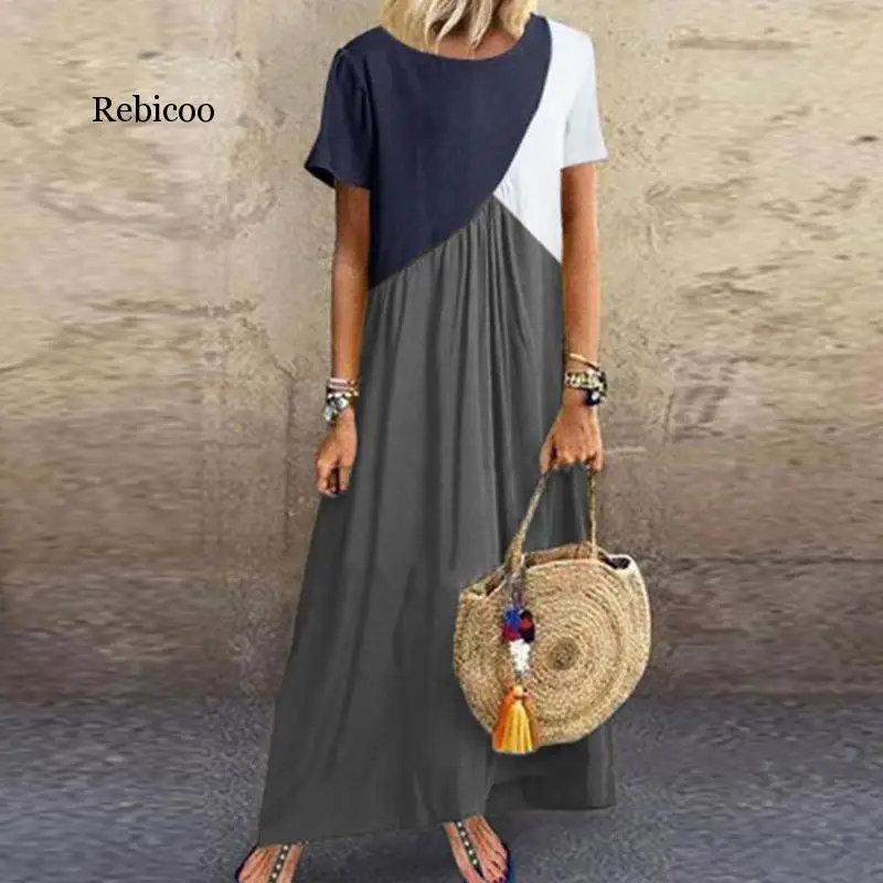 

Beach 2020 Women Sundress Long Maxi Dresses Female Summer Casual Dress Short Sleeve Patchwork Color Loose Plus Size Vestidos