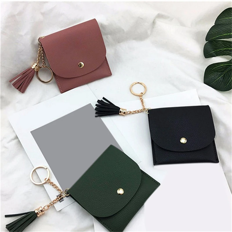 

Wallets Women Coin Purse Ladies Pu Leather Tassel & Metal Ring Clutch Keychain Thin Key Bag Card Holders Mini Pouch