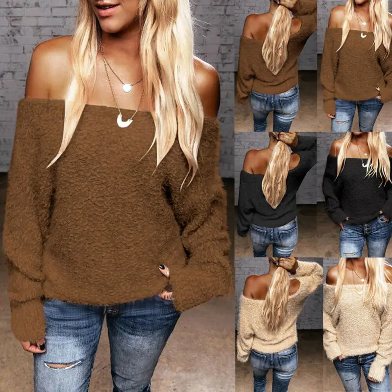 

Fashion Womens Sweater Fleece Off-Shoulder Knitted Long Sleeve Solid Winter Warm Tops