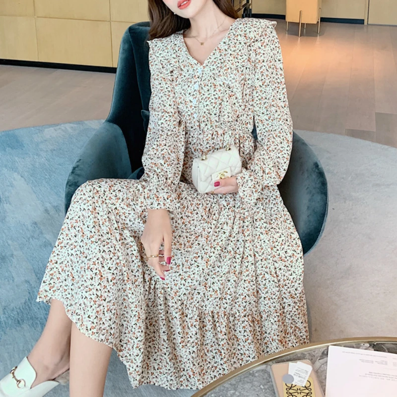 

Maxi Dresses For Women 2021 Autumn Fashion Floral Dress Office Pleated Long Dresses Vestido Fall Winter Party Elegant Robe Femme