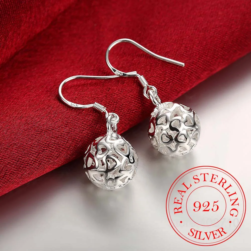 925 стерлингового серебра полый шар в форме сердца серьги капельки для женщин