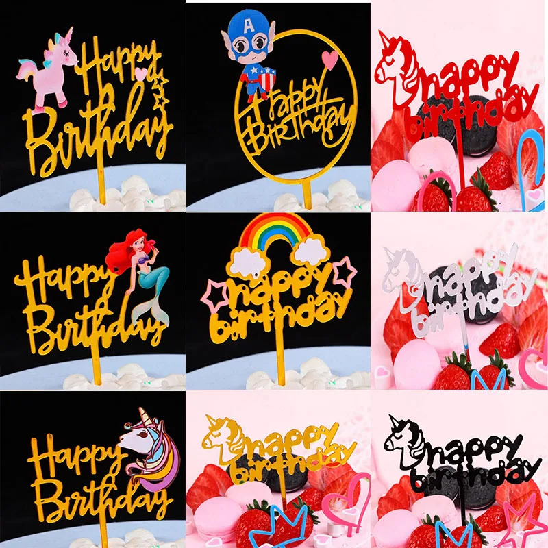 С Днем Рождения Единорог Фламинго акриловый торт Топпер торты украшения