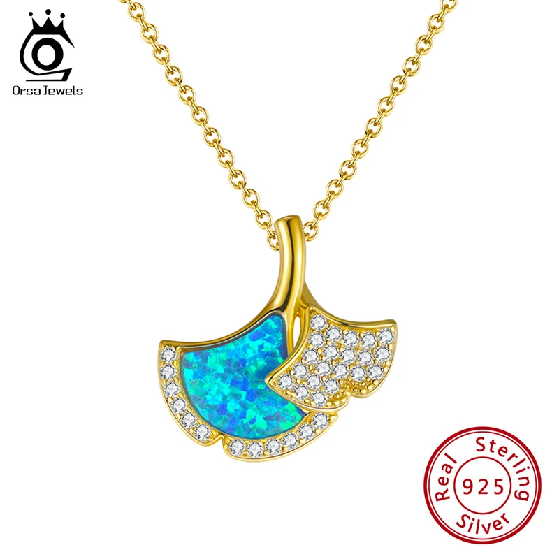 

ORSA JEWELS Blue Fire Opal Pendant 925 Silver Gold Plated Ginkgo Necklace Best Gift for Mother Daughter Sister Fenale EQN22