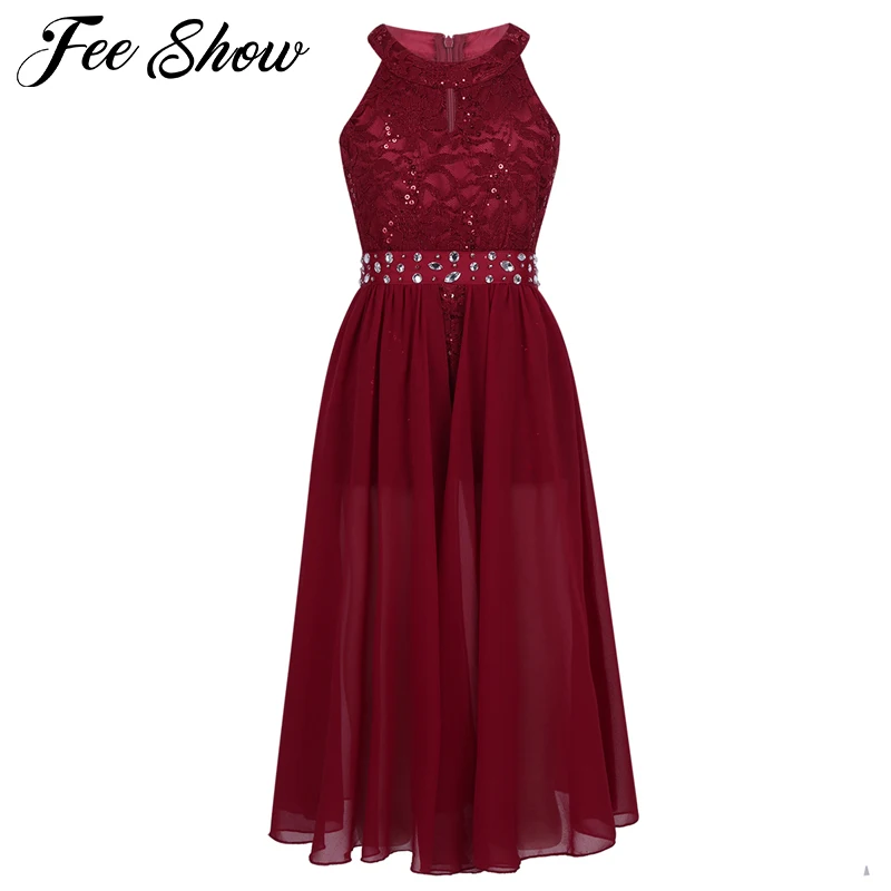 Модное шифоновое платье для девочек без рукавов с цветочным кружевом Стразы