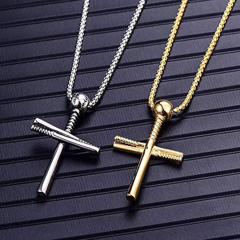 

1PC Baseball Player and Stacked Baseballs Bat Cross Pendant Necklace Stainless Steel Faith Male Jewelry