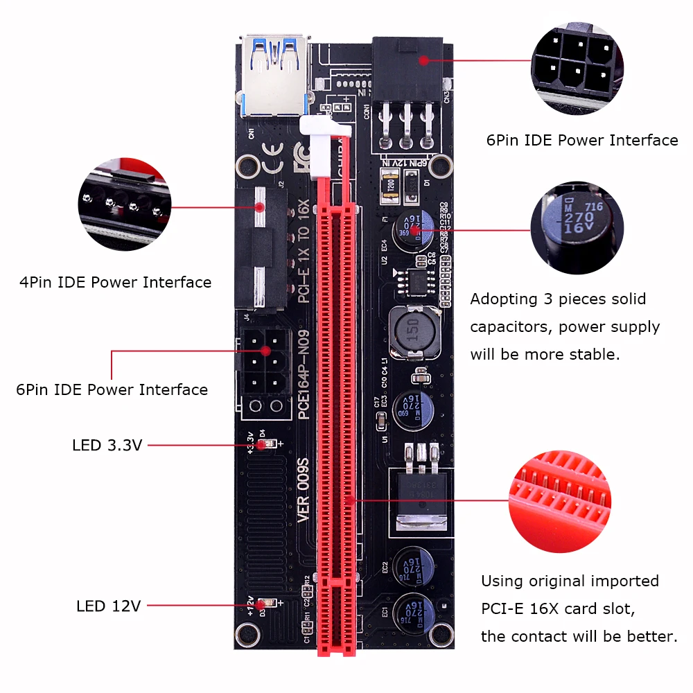 6 шт. CHIPAL VER009S PCI-E Райзер карта 009 PCIE 1X к 16X адаптер двойной светодиодный индикатор 100