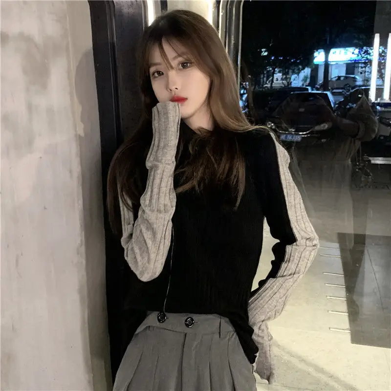 

Oversize fat 100KG can wear autumn new style Hong Kong style slim slimming contrast color long-sleeved sweater women's clothing