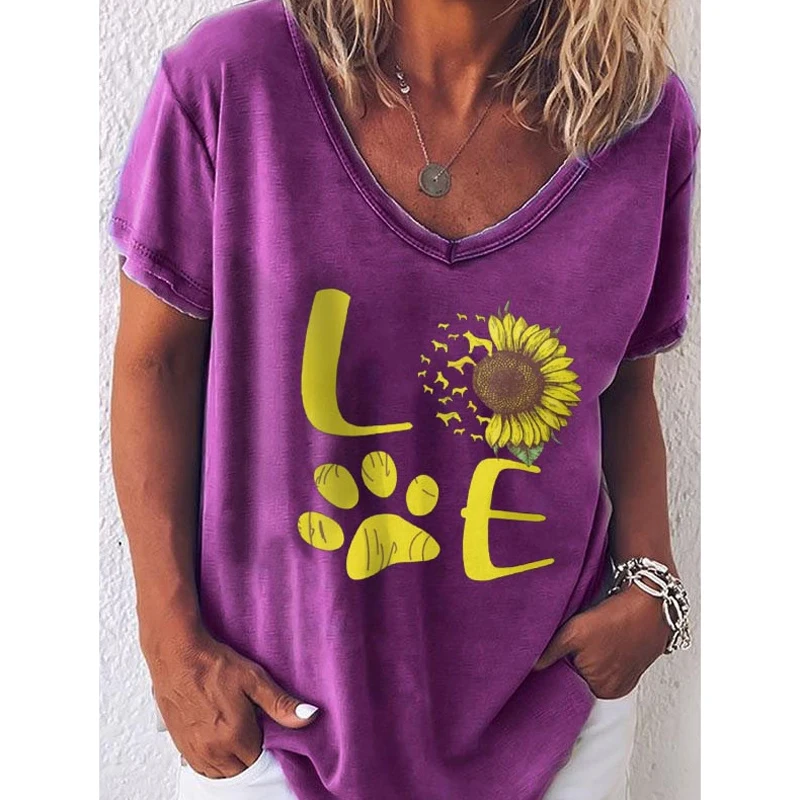 

2020 New Women's T-shirts Spring Autumn V Neck Short Sleeve Shirt Women Top Elegant Love Print Letter Loose Tee