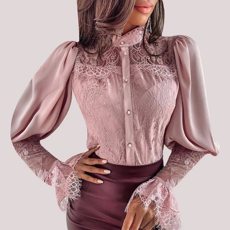 02 Pink Cysincos, шифоновые блузки для женщин, осень, модная розовая рубашка с длинным рукавом и v-образным вырезом, офисная блуза, облегающие повседневные топы для женщин размера плюс - Color: 02 Pink