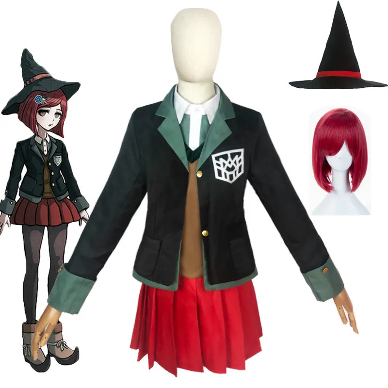 Anime Danganronpa Yumeno Himiko Cosplay Costume Magician School Girl Uniform Halloween Party Skirt Sweater Red Wig Magic Hat