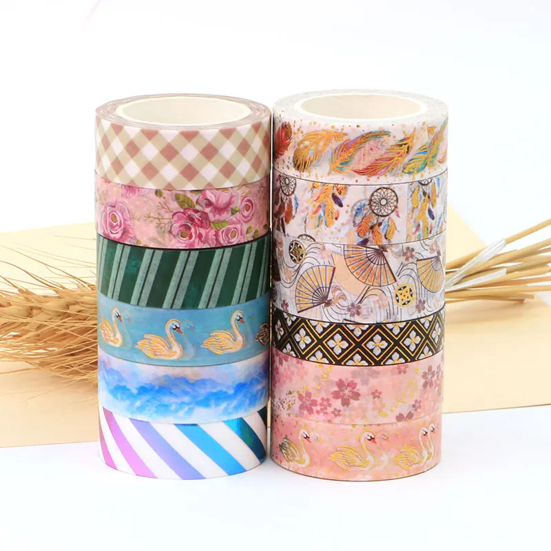 

1PC Foil Golden Feather Fan Blue lake swan Cherry Blossom Decorative Washi Tape Scrapbooking Masking Tape School Office Supply