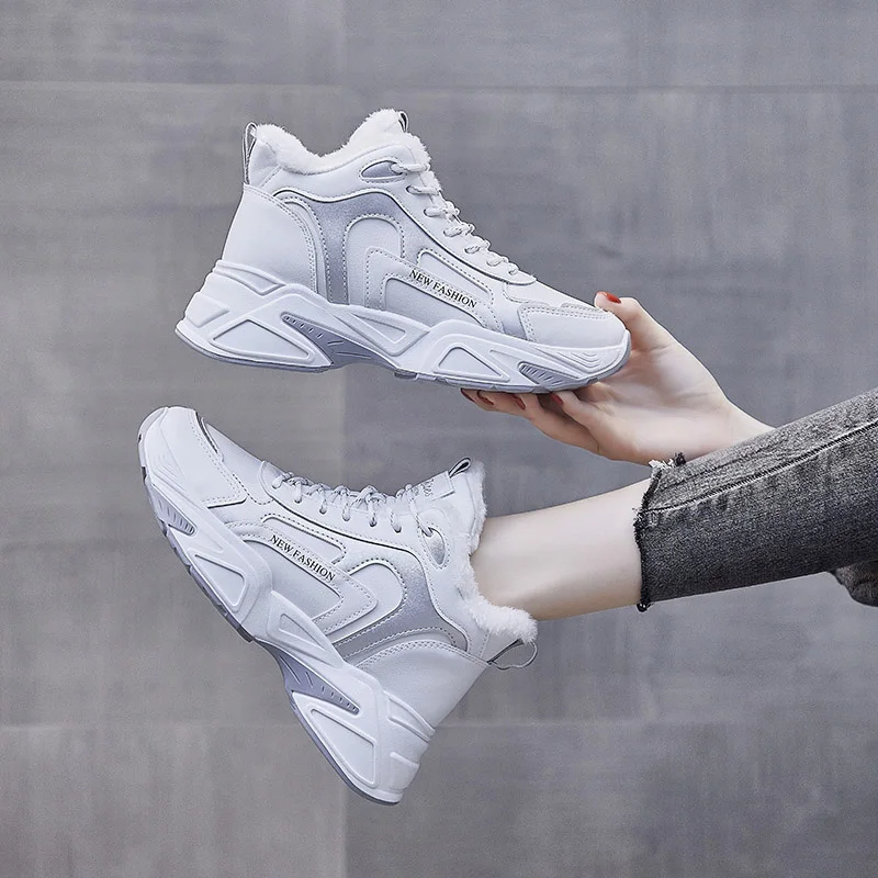 

Winter Women Chunky Sneakers Ladies Wedge High Top 2020 Plush Warm Platform Shoes Fashion White Old Dad PU Leather Snow Fur