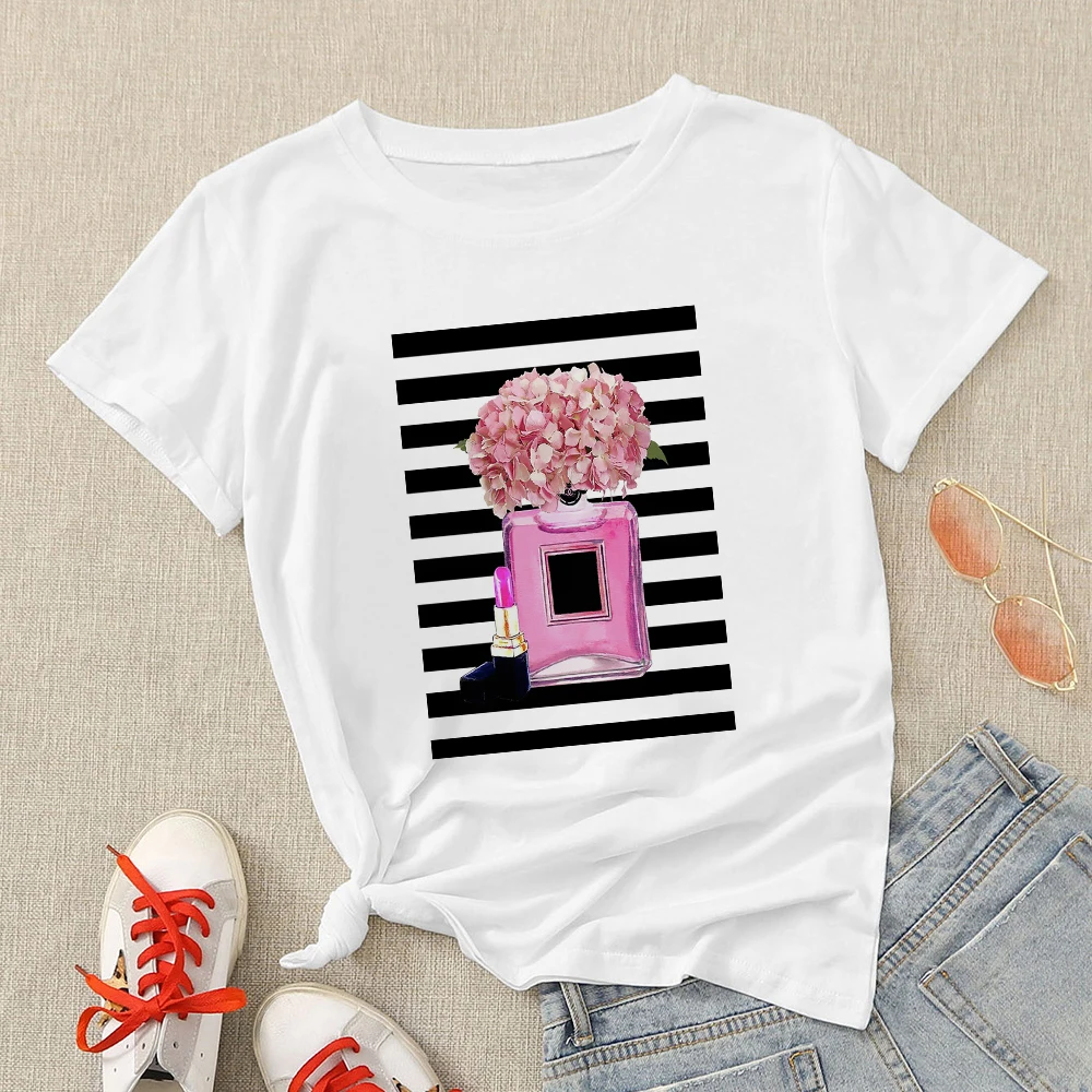 

2021 Streetwear Woman T-shirt Pink Perfume Bottle Strips Printed Short Sleeve Simplicity High Quality Modern Punk Style Top