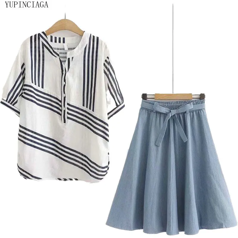 

Korean Preppy Style Women's Sets Sweet Striped 2 Piece Set 2020 Summer Denim A-line Skirt + Shirt Female Two Piece Sets