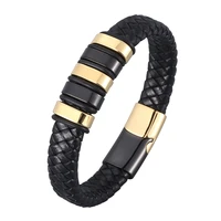 new black gold punk style genuine leather bracelet for men jewelry steel magnetic button birthday gift male wristband sp0980