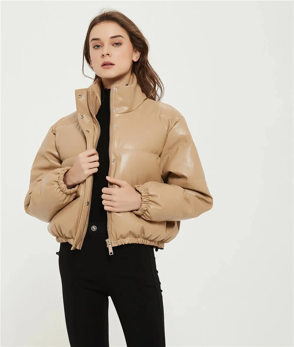 

Aniow Spring Autumn PU Leather Down Jacket Women Stand-Up Collar Coat Light Outerwear Female Down Coat Tops Thick Warm Clothing