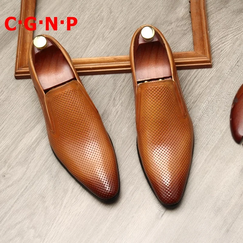 

Новое поступление, летняя обувь из натуральной кожи C · G · N · P, лоферы с острым носком, Мужская классическая обувь, Свадебная обувь без засте...