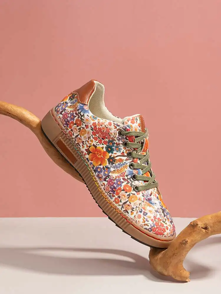 

SOCOFY Women Floral Printed Sneakers Spring Lace Up Casual Outdoor Sneakers Running Walking Shoes Ladies Sports Skate Shoes