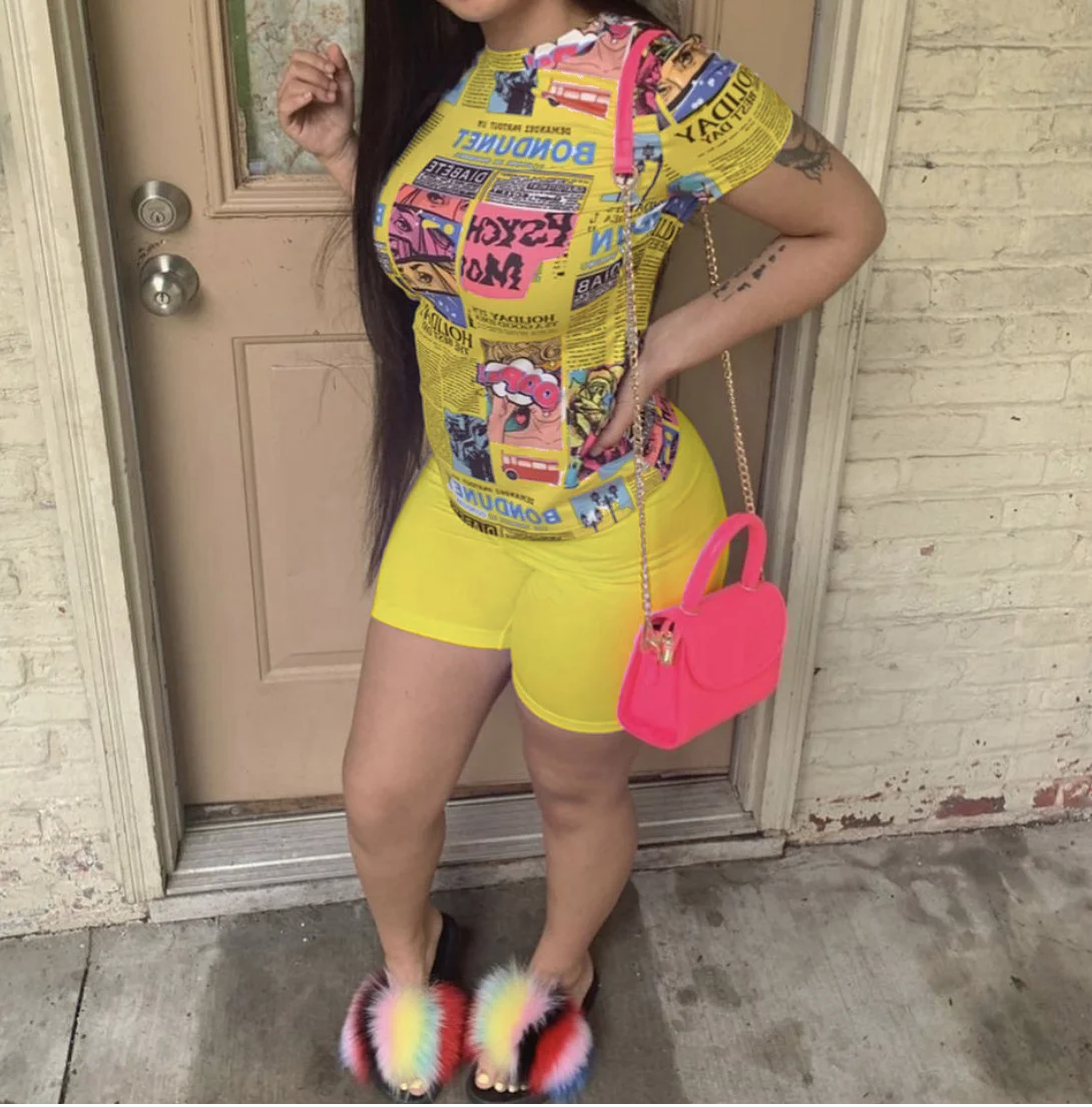 

Women News Paper Print Summer Two Piece Sets Suit Shorts + Short Sleeve T-Shirt White Yellow Tracksuit 2 Pieces Mathing Clothing