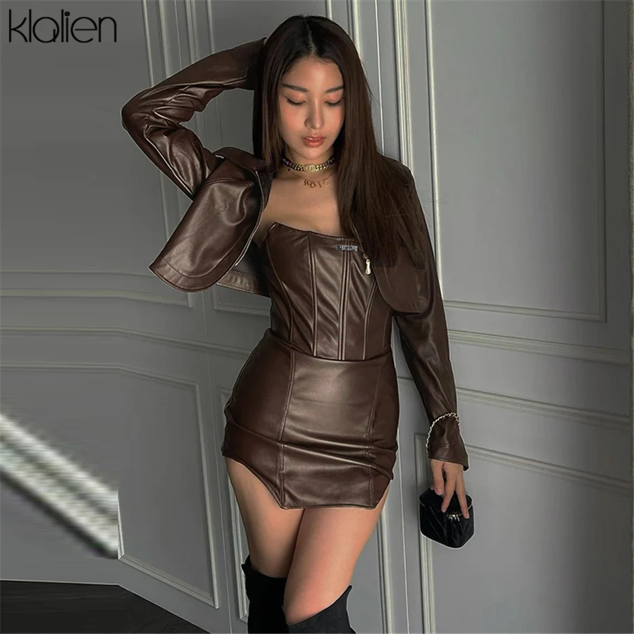 KLALIEN Fashion Casual Turn-down Collar Zipper Slim PU Leather Coat For Women Streetwear Short Jacket Solid Black Y2K Clubwear