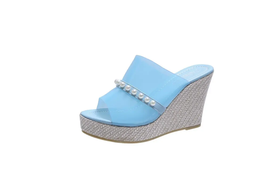 

Shoes Slippers Women Summer Big Size Pantofle String Bead Low Heeled Mules Slides On A Wedge 2021 High Transparent Rubber Rome B