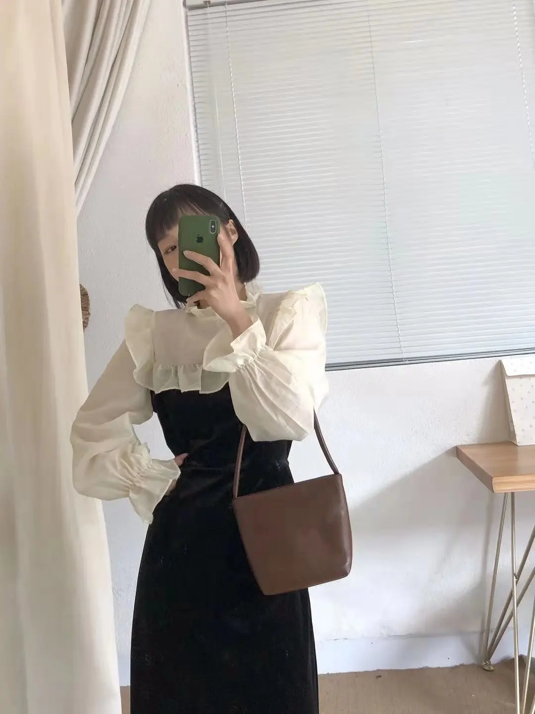 

Korean Chic Elegant Ruffle Stitching Long Sleeve French Style Small Stand Collar Cute Youth-Looking Slimming Midi Dress