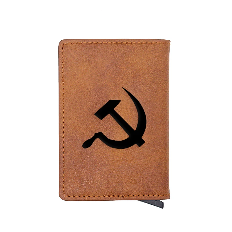 

Classic Sickle Hammer Symbol Carve Card Holder Wallets Men Rfid Trifold Leather Slim Mini Small Money Bag Male Purses