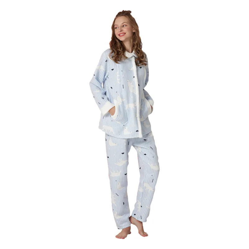 

New plush collar baby clothes Lapel sandwich three layer air layer maternity pajamas autumn and winter maternity pajamas suit