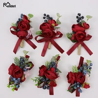 meldel red boutonniere wedding bridesmaid wrist corsages high quality silk rose flower girl corsages prom artificial red flowers