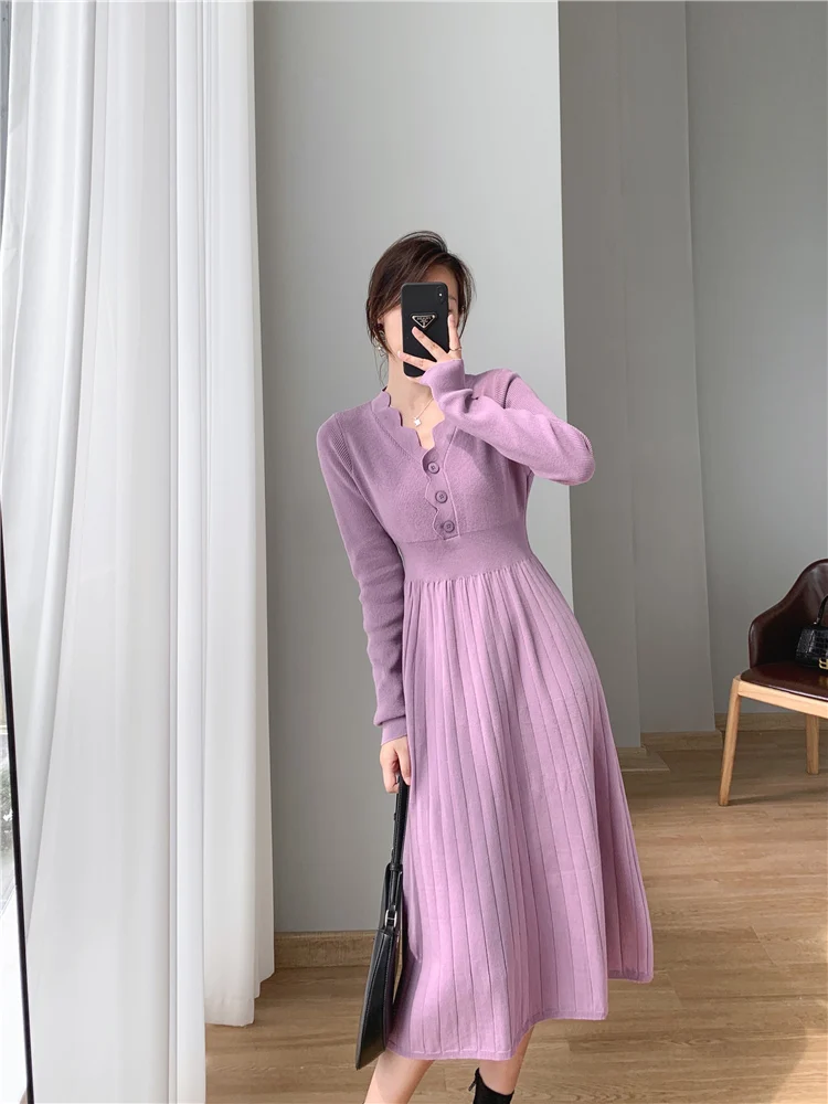 

New Knitted Sweater Dress Women Autumn 2021 Winter V-neck Button High Waist A-line Office Dress Elegant Ladies Solid Vestidos